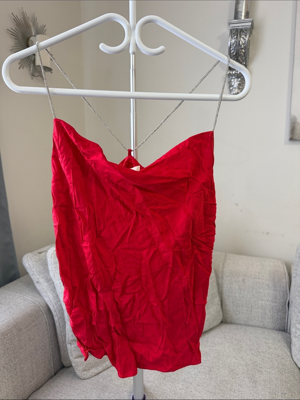 H&M Red Satin Cowl Neck Tank Top with Spaghetti Chains